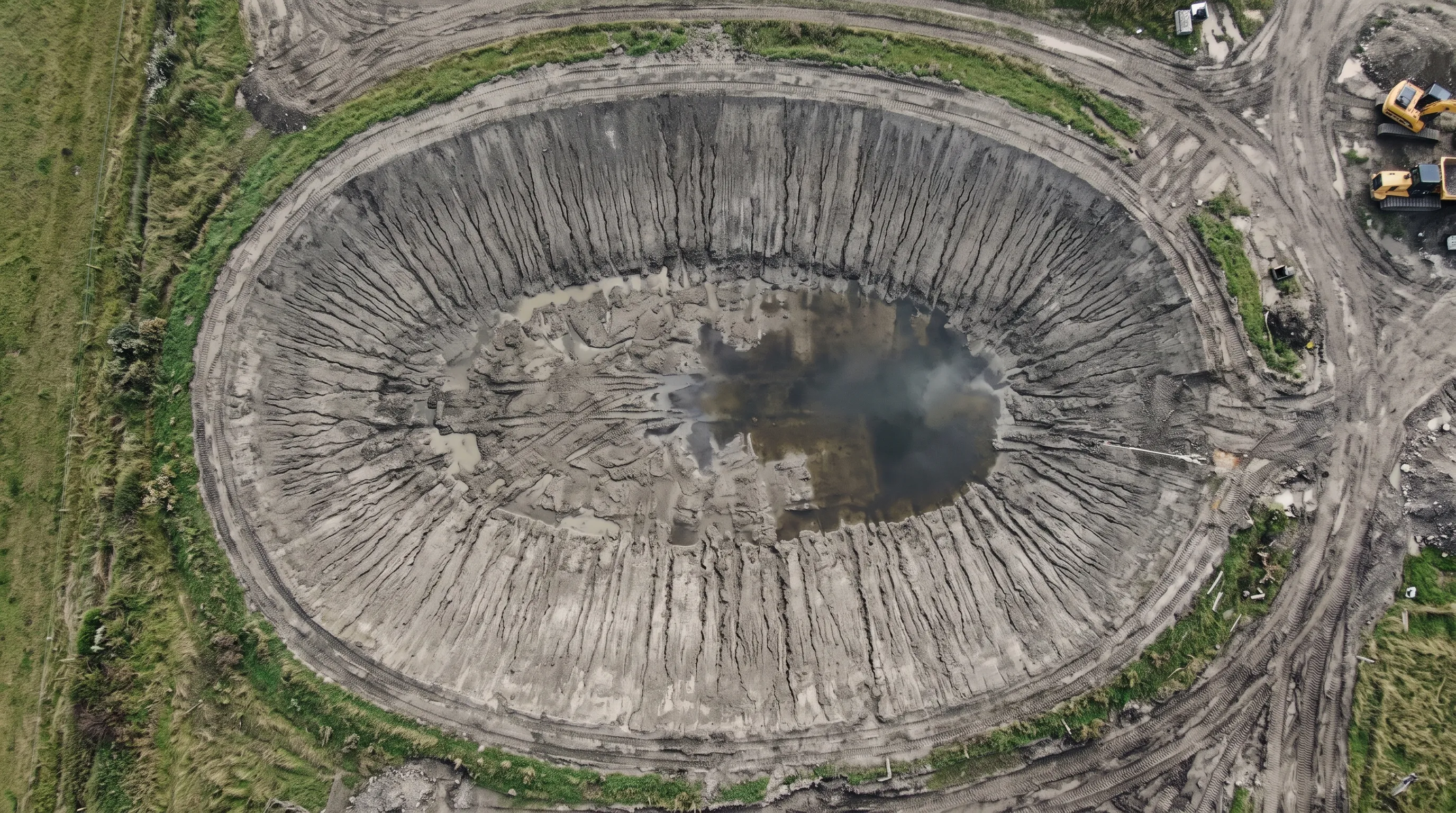 Closed pond outline hatched with slope ticks around its full perimeter